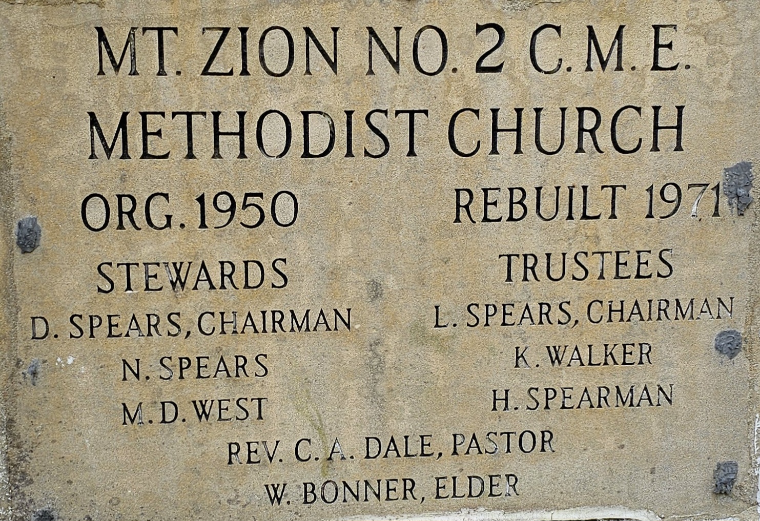 Mt. Zion No. 2 C.M.E. Methodist Church, Organized 1950, Rebuilt 1971, Stewards: D. Spears, Chairman, N. Spears, M.D. West; Trustees: L. Spears, Chairman, K. Walker, H. Spearman; Rev. C.A. Dale, Pastor, W. Bonner, Elder. 